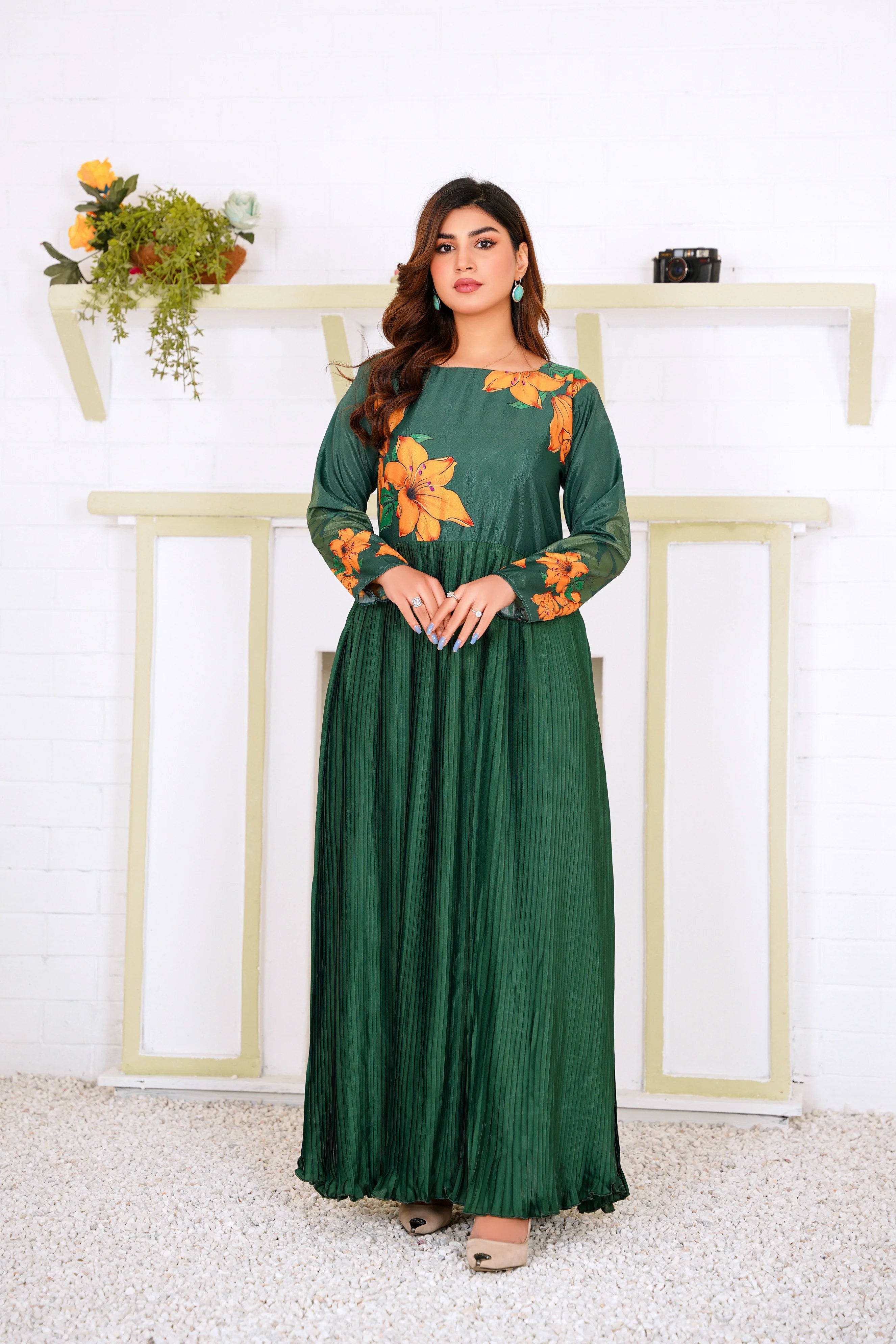 Green Pleated Floral Maxi Dress